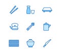 Japanese tableware line icon set. Serving items - chopsticks, sushi plate, sake, roll mat, soy sauce minimal vector Royalty Free Stock Photo