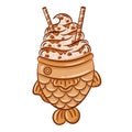 Japanese Taiyaki with caramel ice cream and chocolate wafer sticks cute drawing