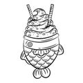 Japanese Taiyaki with caramel ice cream and chocolate wafer sticks cute drawing sketch for coloring