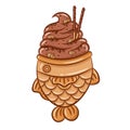 Japanese Taiyaki with chocolate ice cream and chocolate sticks cute drawing