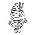 Japanese Taiyaki with pink ice cream and chocolate sticks cute drawing sketch for coloring