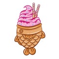 Japanese Taiyaki with pink ice cream and chocolate sticks cute drawing