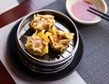 Japanese tasty dumplings siumai in steamer, nobody Royalty Free Stock Photo