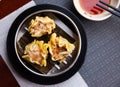 Japanese tasty dumplings siumai in steamer, nobody Royalty Free Stock Photo