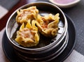 Japanese tasty dumplings siumai in steamer, nobody Royalty Free Stock Photo