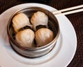 Japanese tasty dumplings siumai in steamers Royalty Free Stock Photo