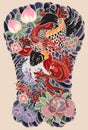 The Dragon and koi carp fish with water splash and peony flower,cherry blossom,peach blossom on cloud background. Royalty Free Stock Photo