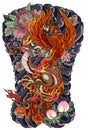 The Dragon and Phoenix fire bird with Peach juice and peony flower,cherry blossom,peach blossom on cloud background.