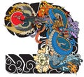 Japanese Tattoo design full back body.The Dragon and Phoenix fire bird with Peach juice and peony flower,cherry blossom,peach blos