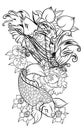 Japanese tattoo design full back body.Two koi carp fish with water splash and peony flower,cherry blossom and Royalty Free Stock Photo