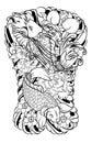 Japanese tattoo design full back body.Two koi carp fish with water splash and peony flower,cherry blossom and Royalty Free Stock Photo