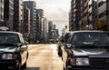 Japanese taxi cabs wait at a crossroad in Akusaka, Tokyo, Japan