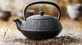 Japanese tea with cast iron pot and dried herbs on wood surface Royalty Free Stock Photo