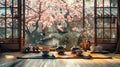 Japanese tea ceremony with kimono patterns and cherry blossom view in warm nostalgic setting