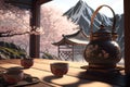 Japanese tea ceremony with a view of the mountains, Generative AI 2 Royalty Free Stock Photo