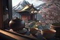 Japanese tea ceremony with a view of the mountains, Generative AI 3 Royalty Free Stock Photo