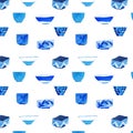 Japanese tea cups pattern for decoration. Blue color on white background. Bright cute wallpaper with Japan traditional theme. Love