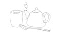 Japanese tea drinking set, teapot, cup, spoon, drawing in one line style on a white background. Vector illustration Royalty Free Stock Photo