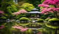 Japanese Tea House with pink flowers in the foreground at a pond in Planten