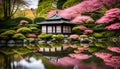 Japanese Tea House with pink flowers in the foreground at a pond in Planten