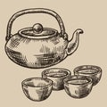 Japanese tea kettle and bowls engraved. Asian cups for tea in the sketch style. Vector illustration.