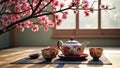 Japanese tea set on wooden table with cherry blossoms by window Royalty Free Stock Photo
