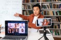 Japanese Teacher Man Teaching Students Via Video Call In Classroom Royalty Free Stock Photo