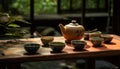 Japanese teapot and cups on wooden table with bamboo plant generated by AI Royalty Free Stock Photo