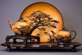 japanese teapot and tea cups set on a tray, with a bonsai tree beside Royalty Free Stock Photo