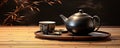 Japanese teapot on wooden table. Tea cups Royalty Free Stock Photo