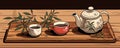 Japanese teapot on wooden table. Tea cups Royalty Free Stock Photo