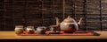 Japanese teapot on wooden table. Tea cups Royalty Free Stock Photo