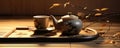 Japanese teapot on wooden table. Tea cups Royalty Free Stock Photo