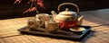 Japanese teapot on wooden table. Tea cups