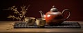 Japanese teapot on wooden table. Tea cups