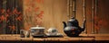 Japanese teapot on wooden table. Tea cups Royalty Free Stock Photo