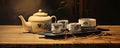 Japanese teapot on wooden table. Tea cups Royalty Free Stock Photo