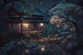 Japanese temple and garden at night, scenery of house by pond in spring, generative AI Royalty Free Stock Photo