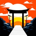 Japanese temple gate on the background of the sunset. Vector illustration. AI generated Royalty Free Stock Photo