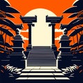 Japanese temple gate at sunset, vector illustration for design and decoration. Generative AI Royalty Free Stock Photo