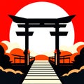Japanese temple gate at sunset. Vector illustration in flat cartoon style. Generative AI Royalty Free Stock Photo