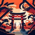 Japanese temple in the morning, vector illustration. Horizontal banner. generative AI