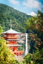 red temple and Waterfall at Nachi Taisha, Japan Royalty Free Stock Photo