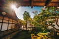 Japanese temple Zen garden in Kyoto, Japan. Artistic interpretation with lens flare effect