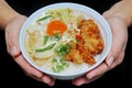 Jasmine rice with deep fried Chicken topped soft boil eggs and Royalty Free Stock Photo