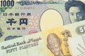 A Japanese thousand yen note paired with a green and yellow fifty piastre note from Egypt.