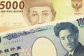 A Japanese thousand yen note paired with a orange five thousand Indonesian rupiah note.
