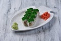 japanese tomago ebi roll with green tobiko