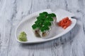 japanese tomago ebi roll with green tobiko