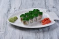 japanese tomago ebi roll with green tobiko